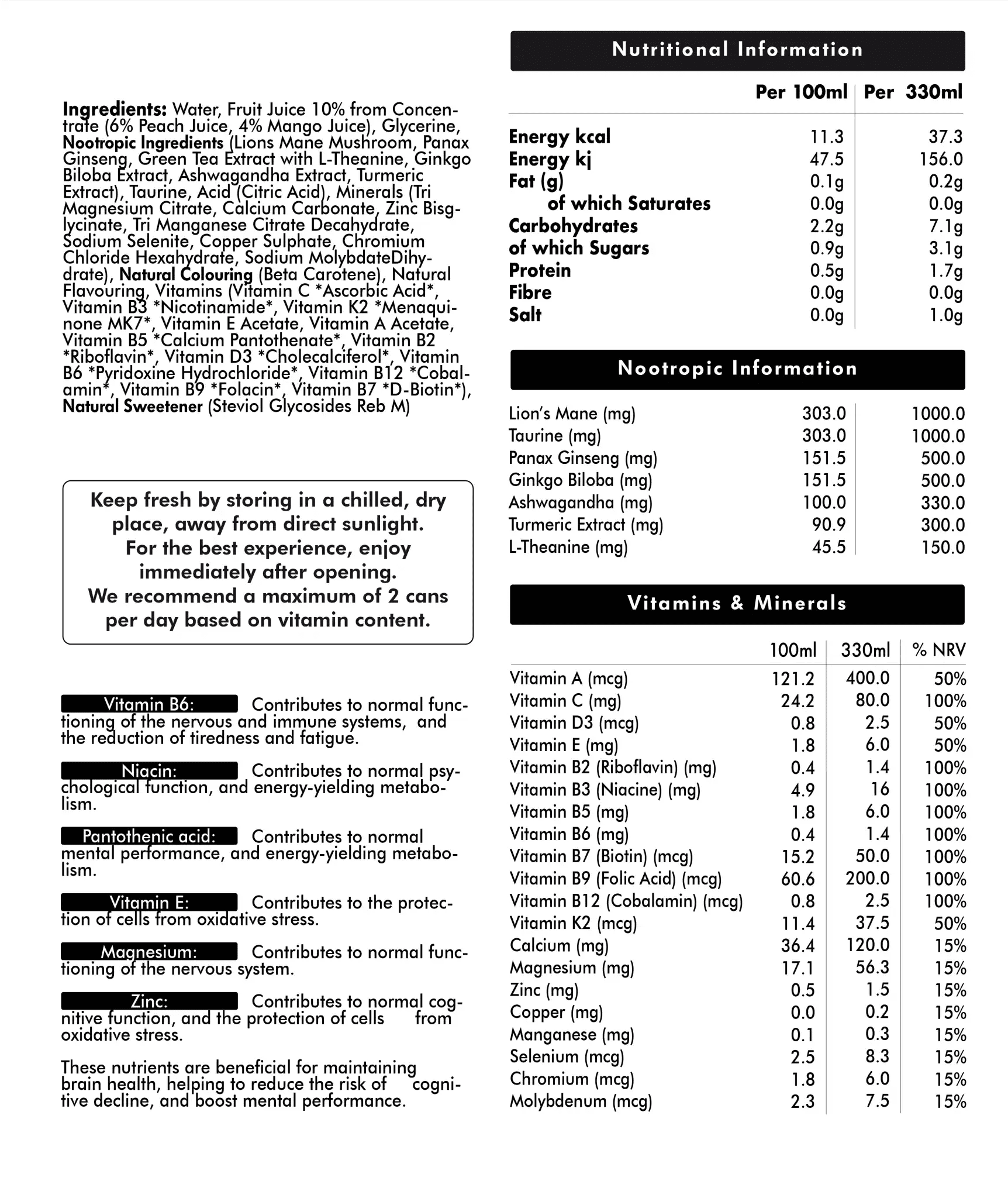 Brain Health Nootropic Soda - Tropical Peach (1 x 330ml) - VitClear