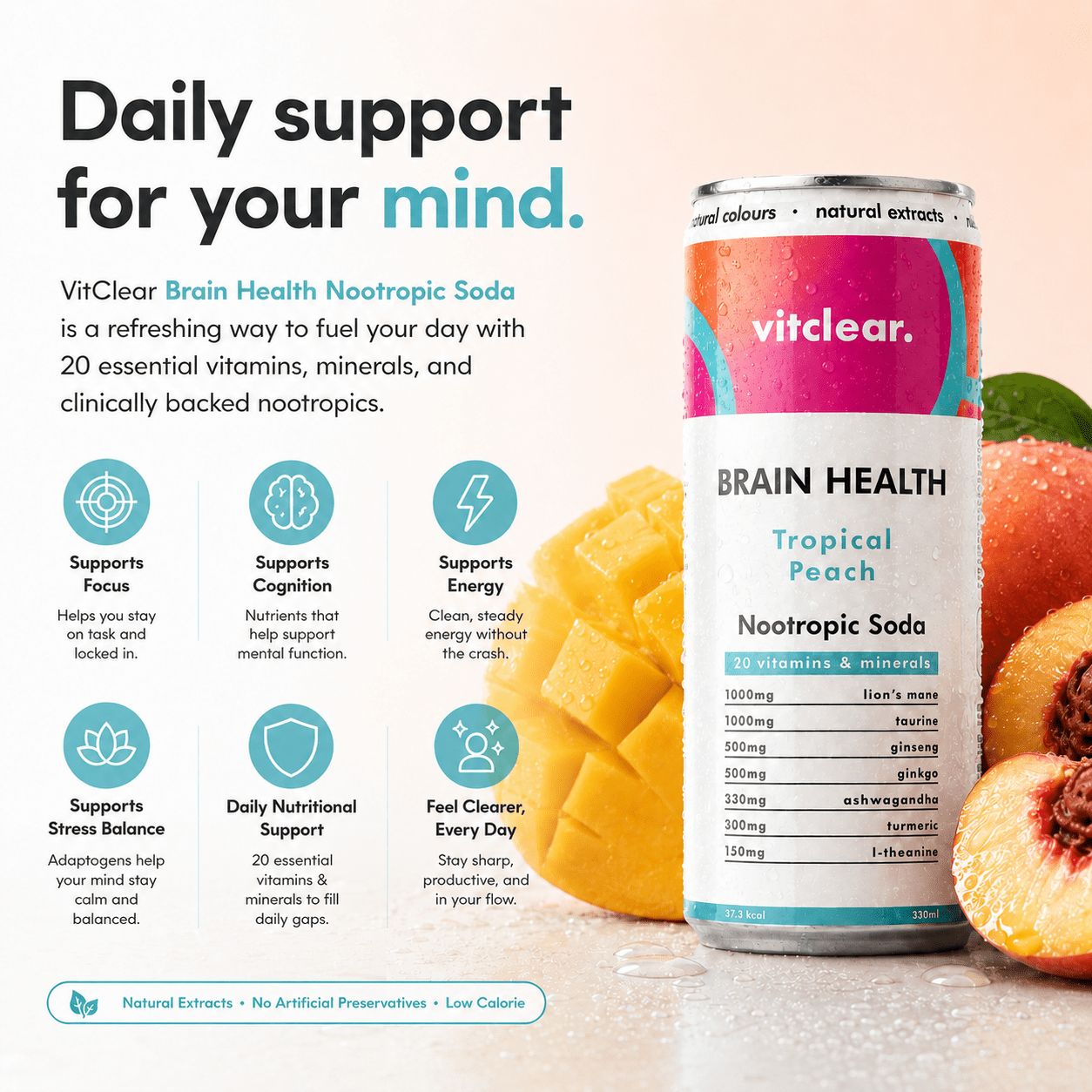 Brain Health Nootropic Soda - Tropical Peach (12 x 330ml) - VitClear