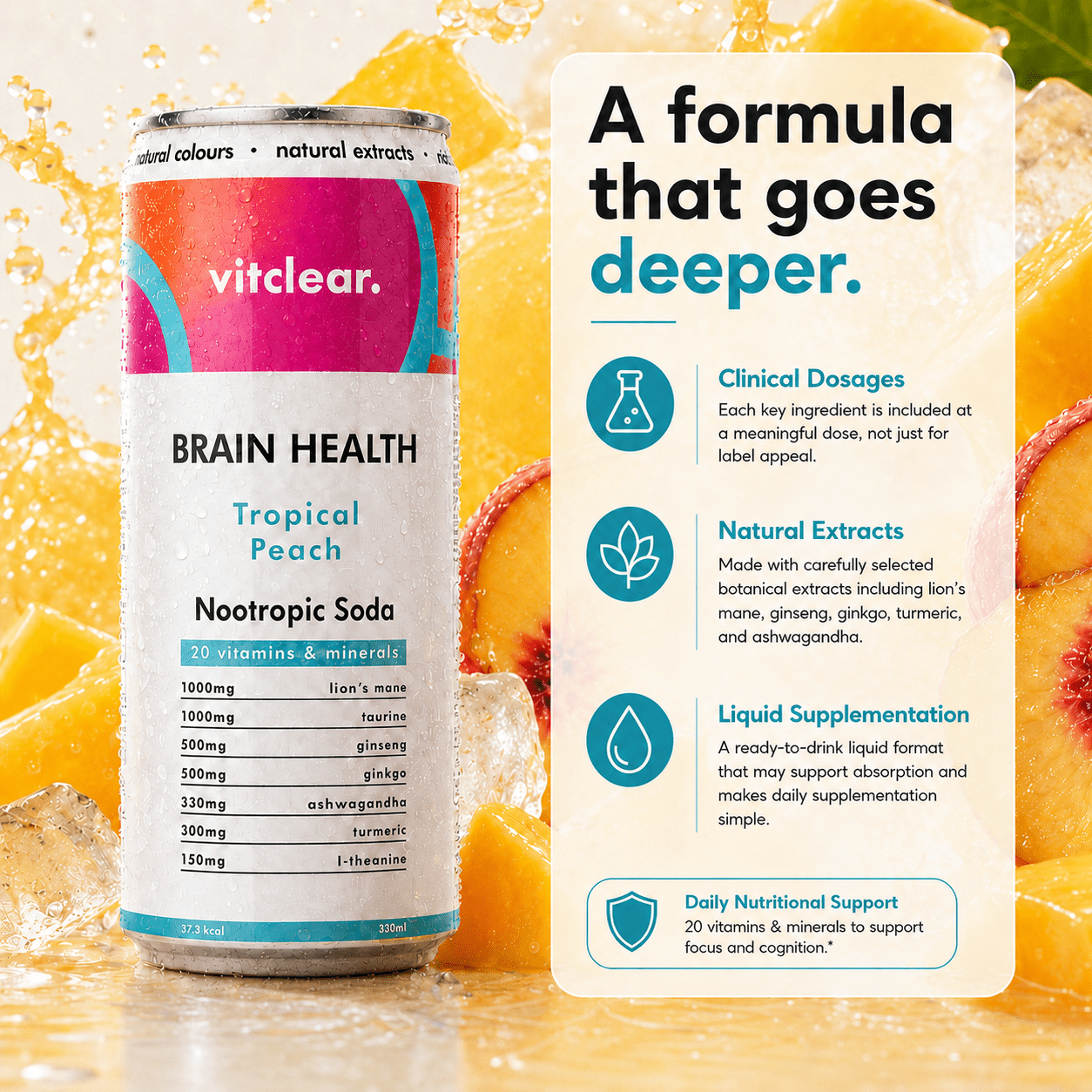 Brain Health Nootropic Soda - Tropical Peach (12 x 330ml) - VitClear